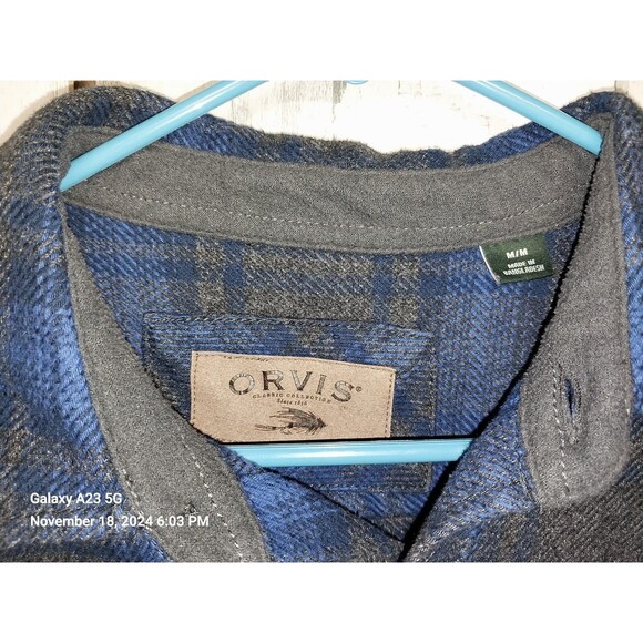 Orvis Mens Medium Heavy Flannel Shirt Jacket Blue & Gray Plaid Lumberjack - Picture 4 of 7